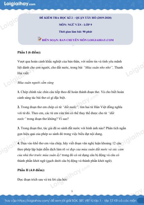 10 đề thi học kì 2 Văn 9 có đáp án và lời giải chi tiết